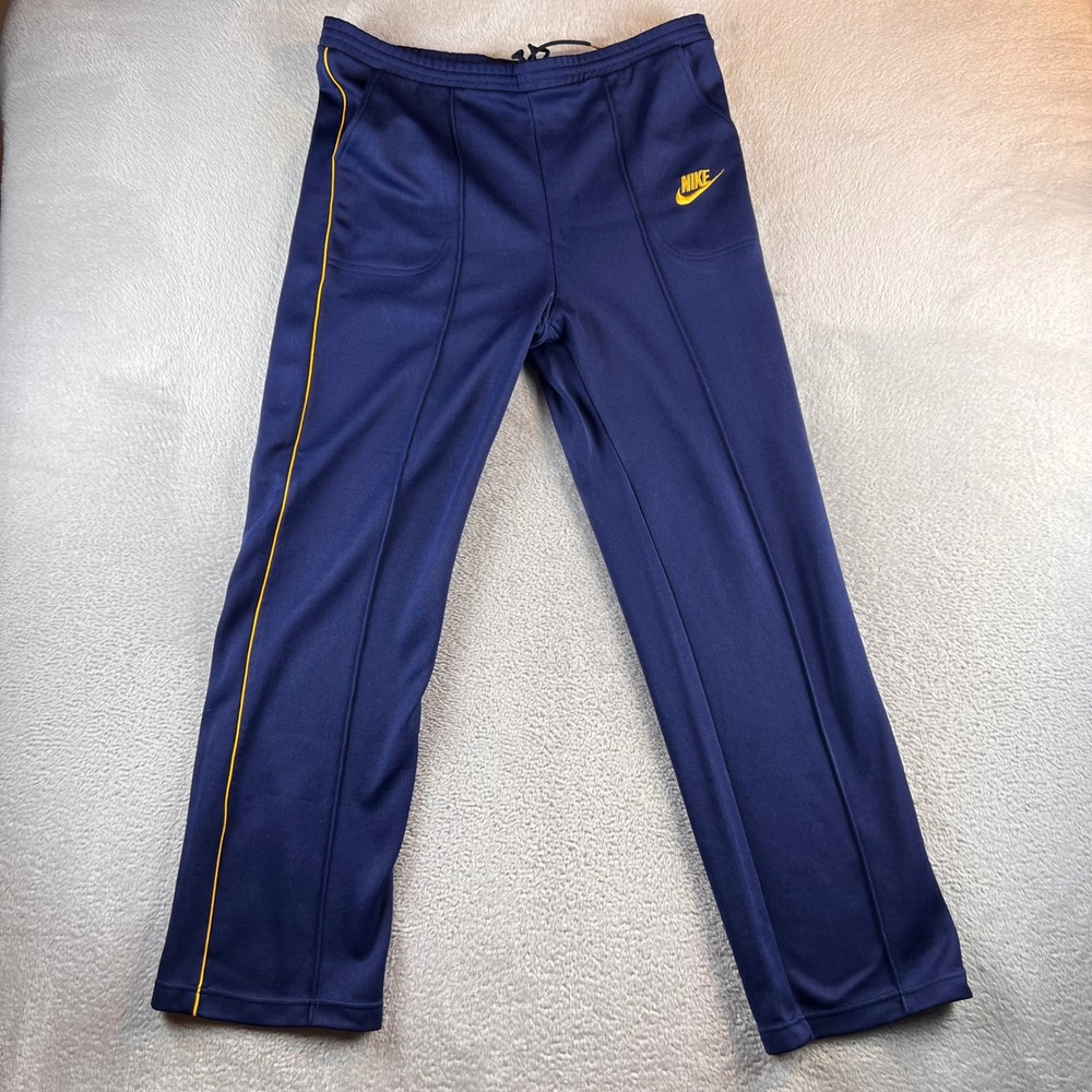 Vintage Nike 70s 80s Track Pants Mens Medium Navy Blue Yellow Piping Made Taiwan